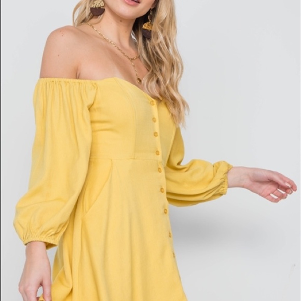 Yellow button down off shoulder mini dress
